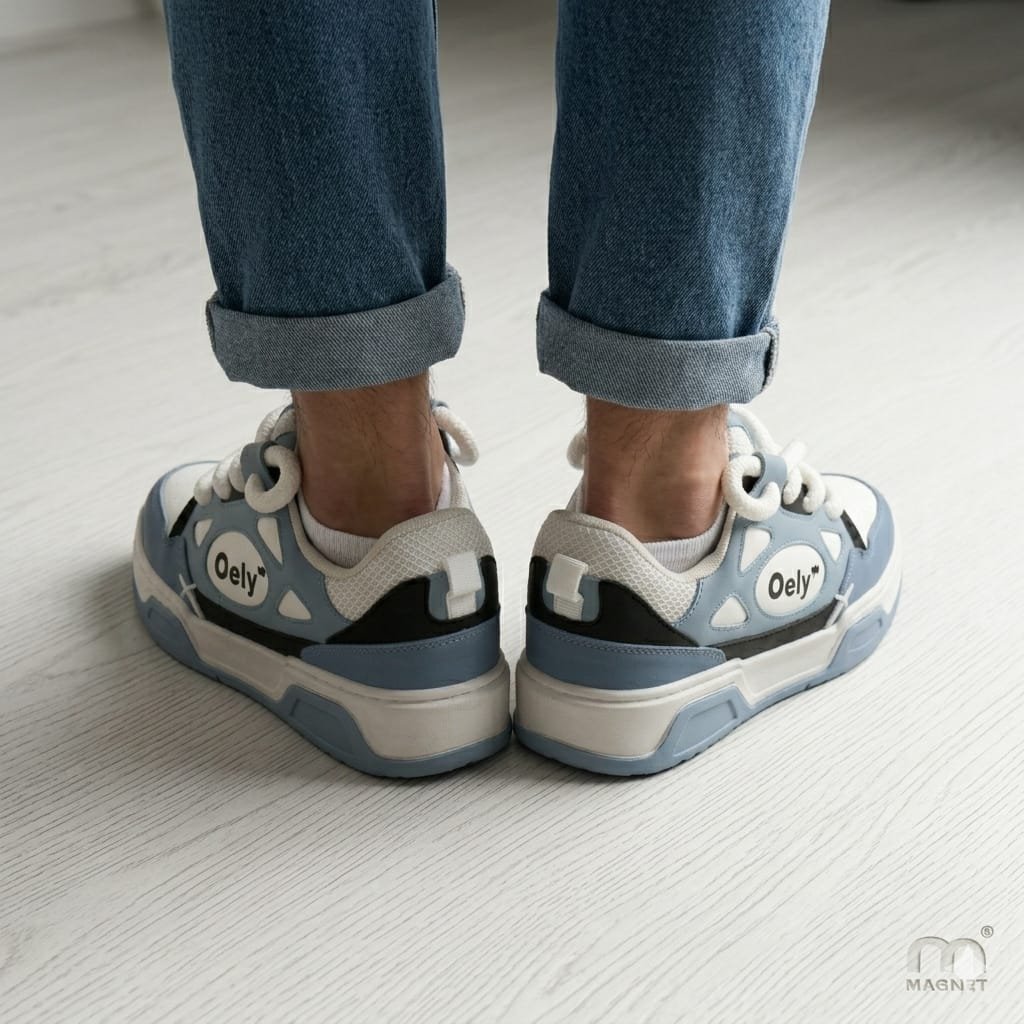 light blue, white, and black