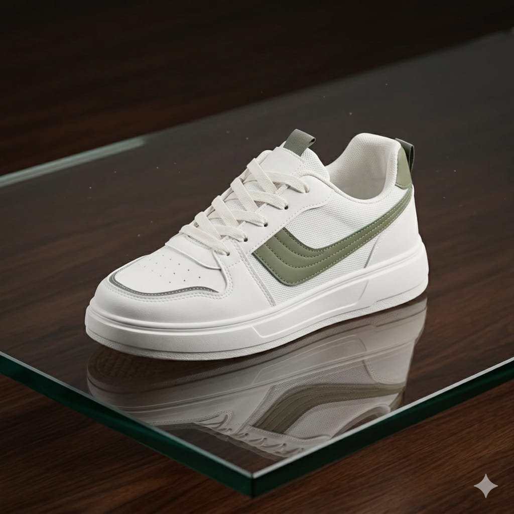 White And Olive Green Casual Sneakers For Men CAMERS Premium Casual White Sneakers - Image 3