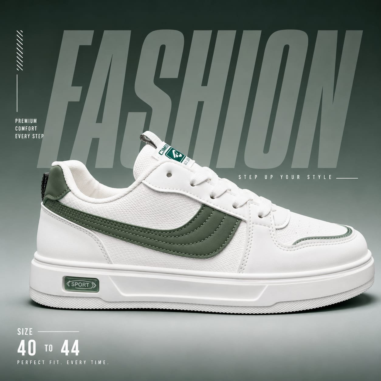 White And Olive Green Casual Sneakers For Men CAMERS Premium Casual White Sneakers - Image 2