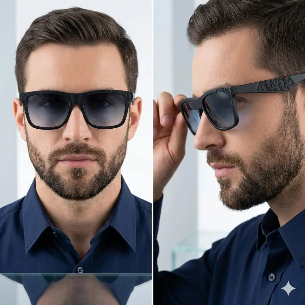 Black Gradient Square Frame Sunglasses with Monogram Temples - Image 2