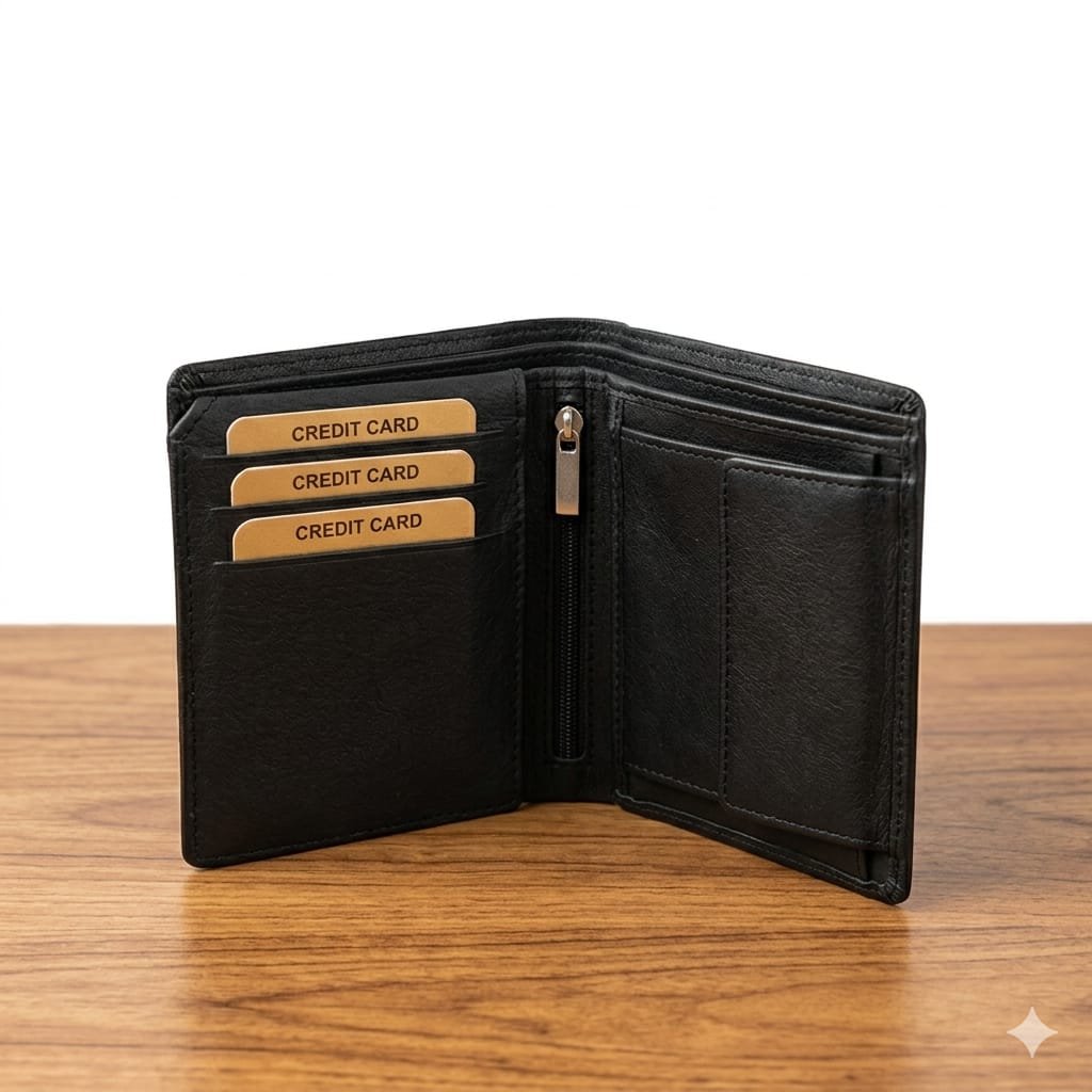 Black Leather Card Holder Wallet with Multiple Slots