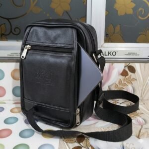 Black Leather Crossbody Bag with Adjustable Strap for Men