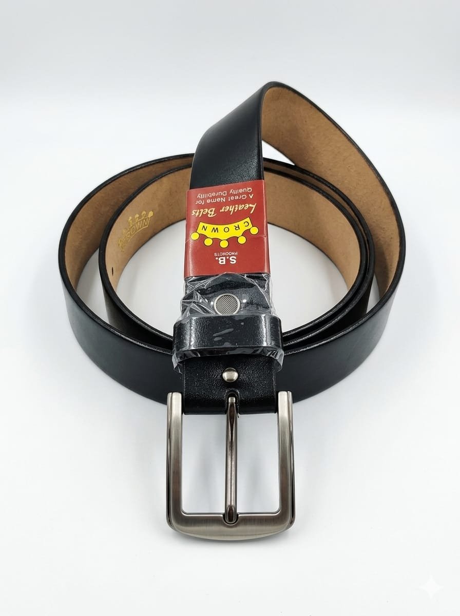 Black Leather Belt with Silver Buckle for Men