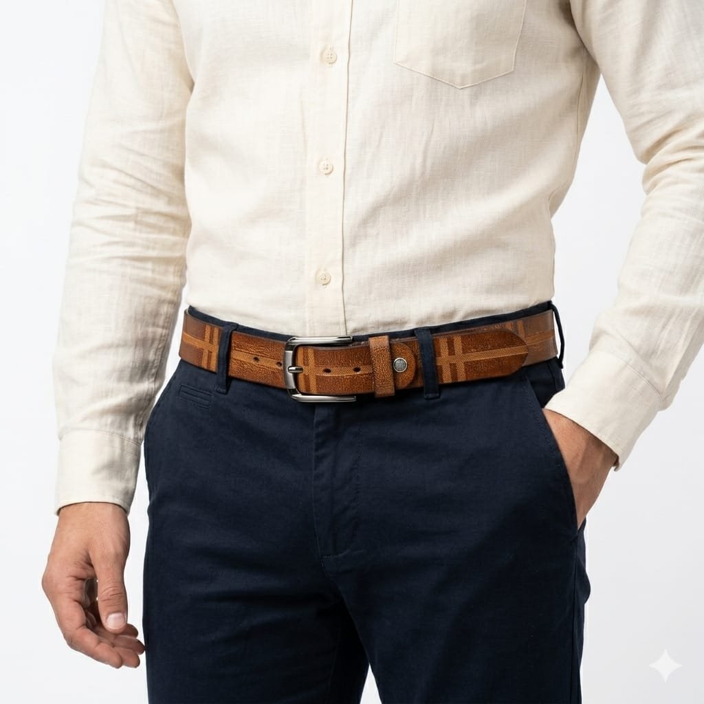 Tan Leather Embossed Pattern Belt for Men - Image 3
