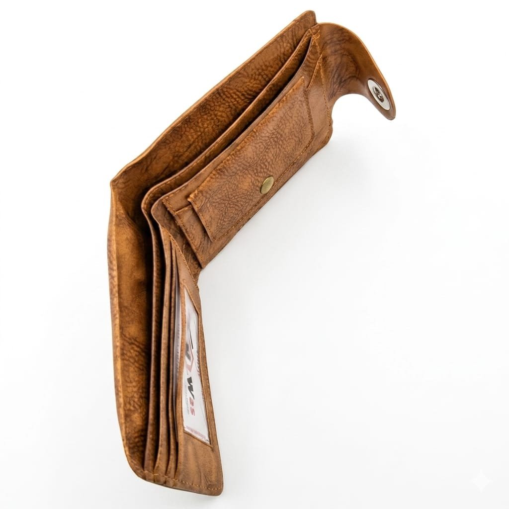 Brown & Black Leather Bifold Wallet With Snap Closure - Image 3