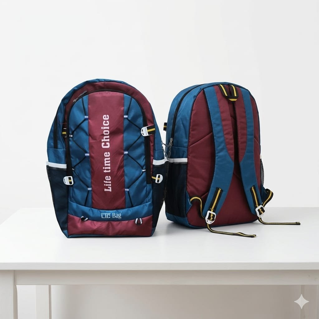 Blue And Maroon Polyester Backpack With Life Time Choice Branding