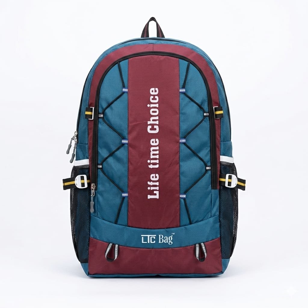 Blue And Maroon Polyester Backpack With Life Time Choice Branding