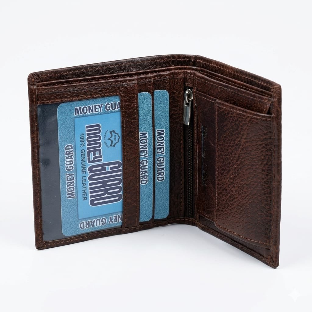Brown Textured Leather Trifold Wallet With Money Guard Protection