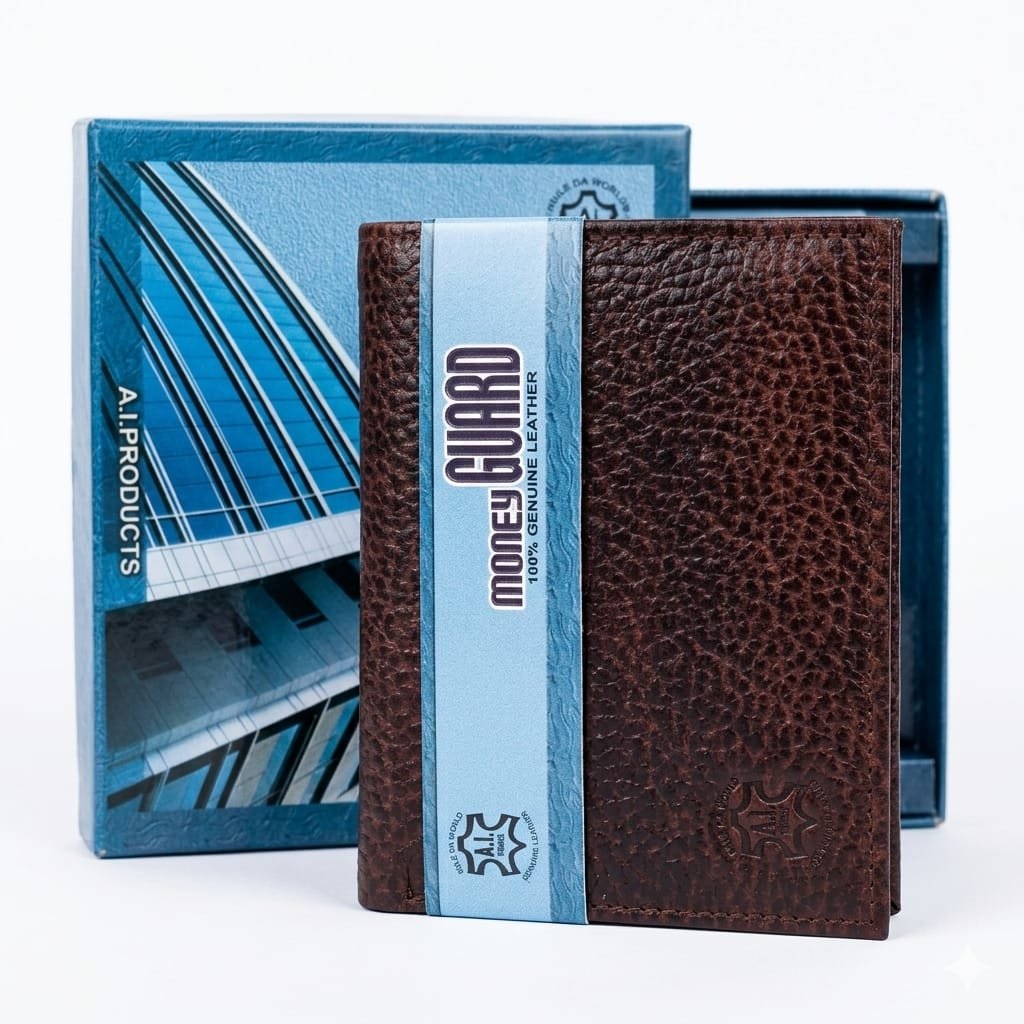 Brown Textured Leather Trifold Wallet With Money Guard Protection