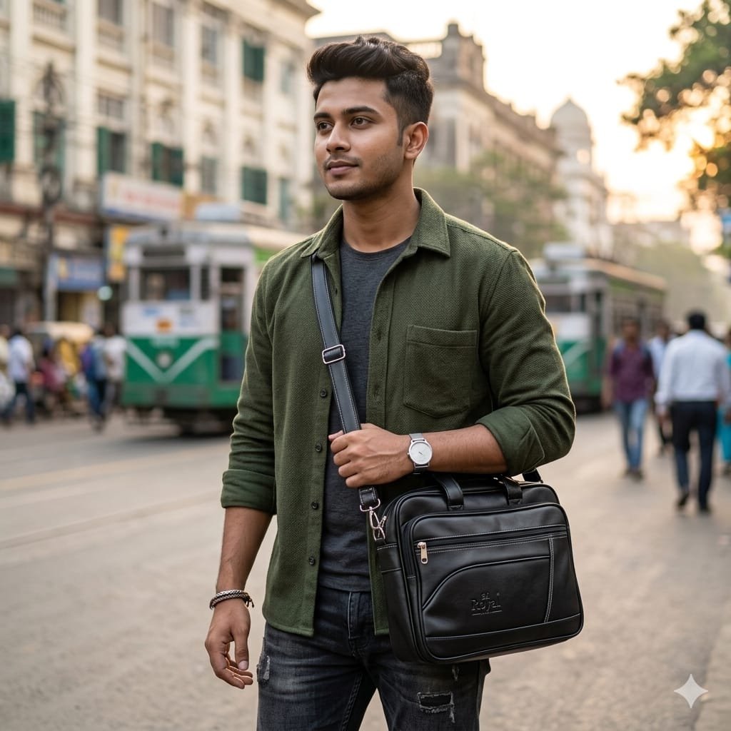 Black Leatherette Structured Messenger Bag for Men - Image 2