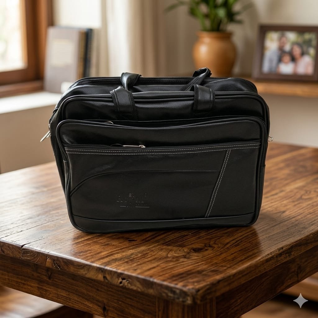 Black Leatherette Structured Messenger Bag for Men