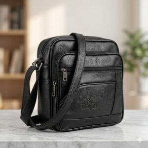 Black Leatherette Structured Messenger Bag for Men