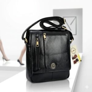 Black Leather Crossbody Messenger Bag for Men