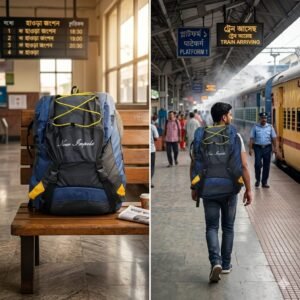 Navy Blue Trekking Backpack with Rain Cover for Outdoor Adventures