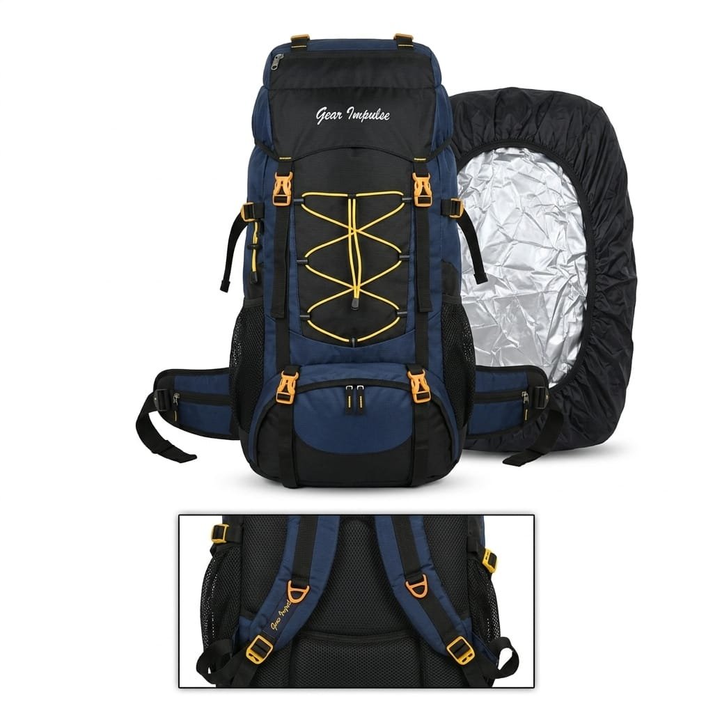 Navy Blue Trekking Backpack with Rain Cover for Outdoor Adventures