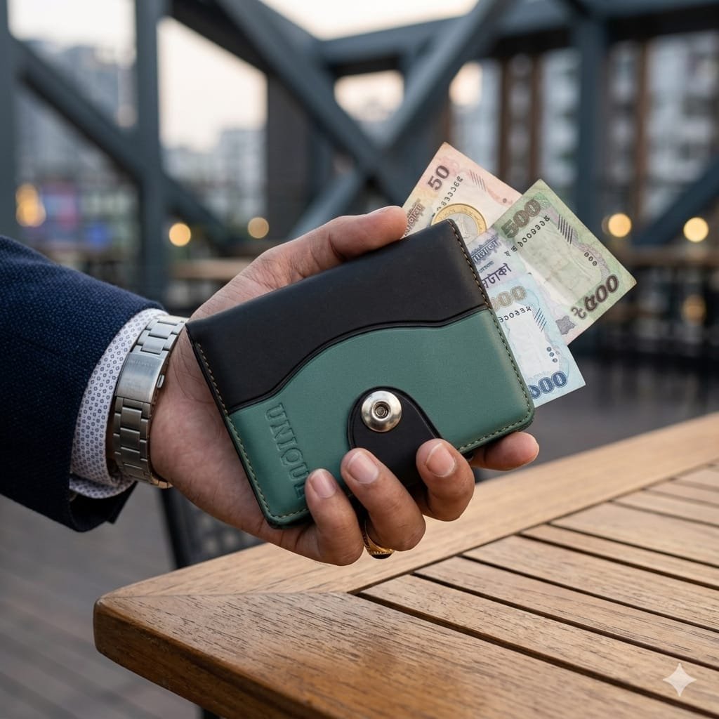 Uncut Tan And Blue & Green and Black Compact Snap Button Wallet - Image 6