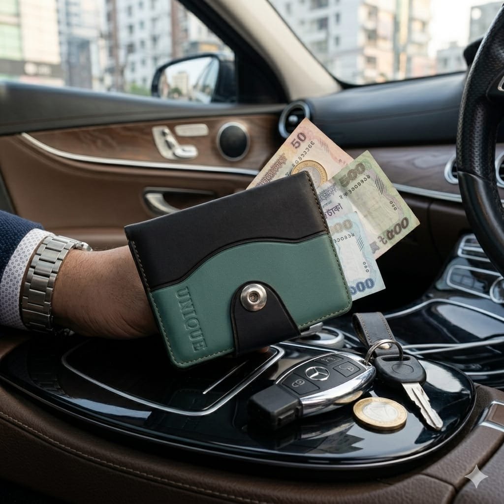Green and Black Leather Snap Button Wallet