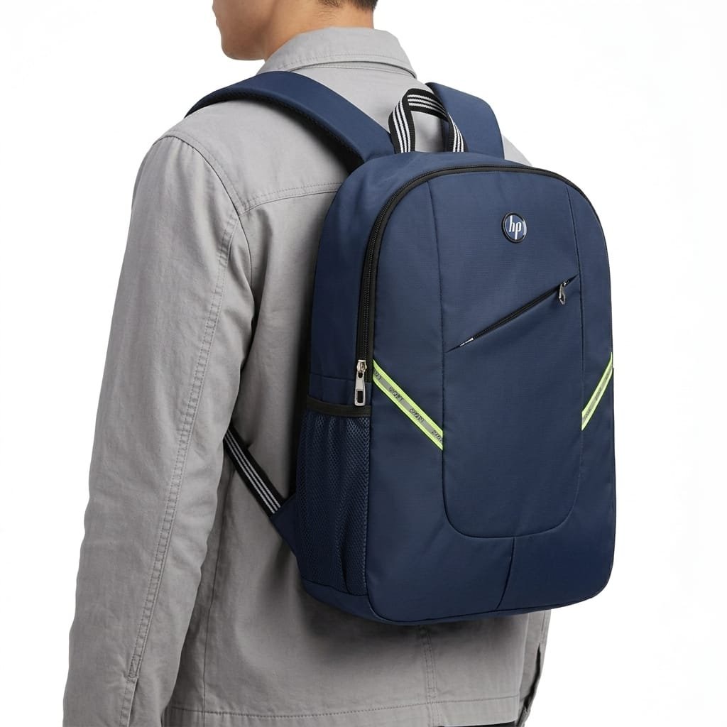 Navy Blue & Teal Blue Polyester Water Resistant Laptop Backpack with Reflective Strips - Image 2