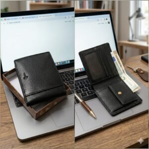 Black Leather Bifold Wallet for Men