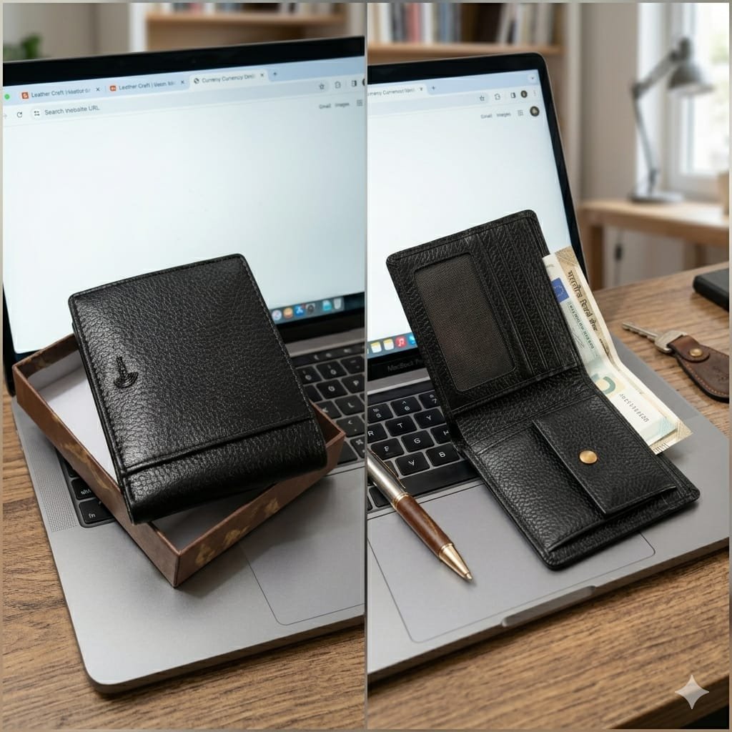Black Leather Bifold Wallet for Men