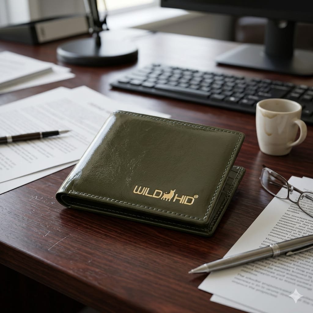 Olive Green Leather Bi-Fold Wallet for Men