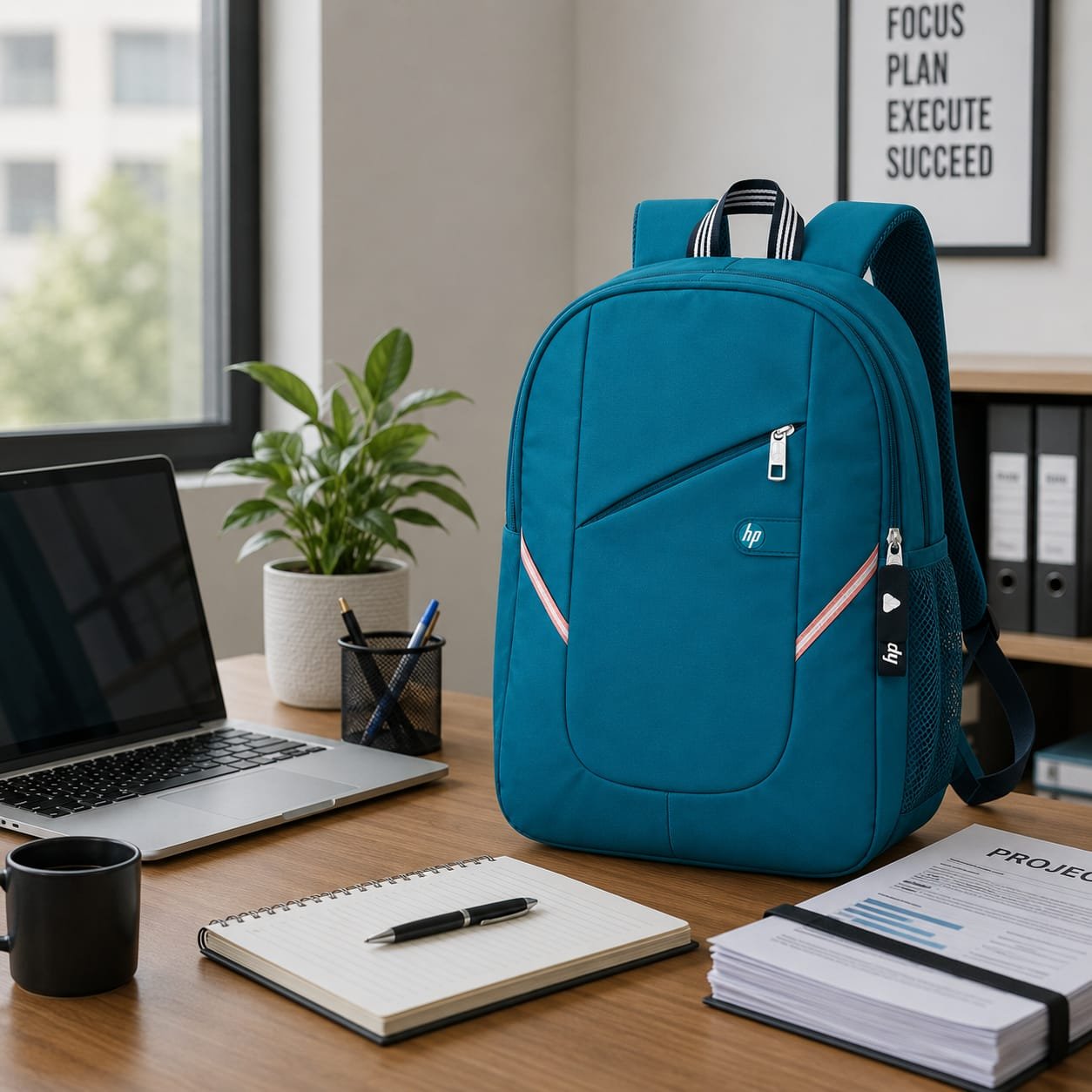 Navy Blue & Teal Blue Polyester Water Resistant Laptop Backpack with Reflective Strips - Image 7