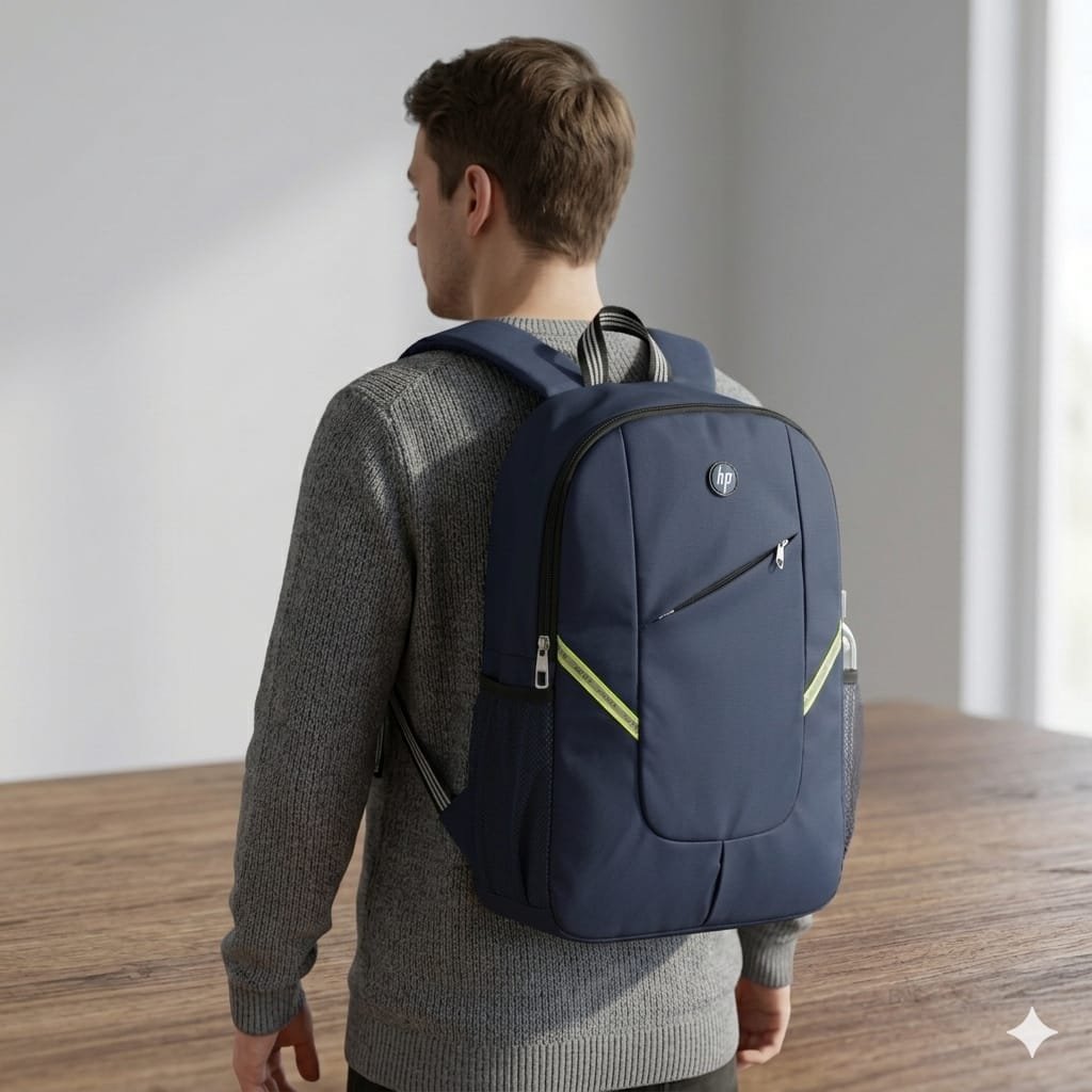 Navy Blue & Teal Blue Polyester Water Resistant Laptop Backpack with Reflective Strips - Image 3