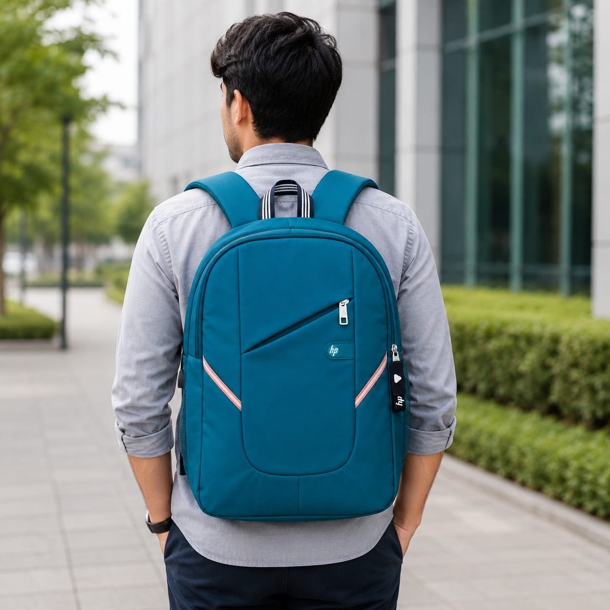 Navy Blue & Teal Blue Polyester Water Resistant Laptop Backpack with Reflective Strips - Image 6
