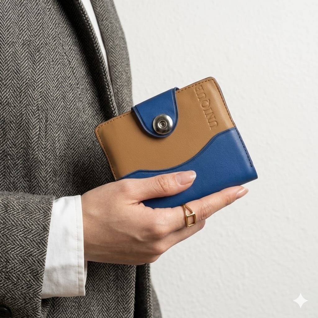 Uncut Tan And Blue Compact Snap Button Wallet