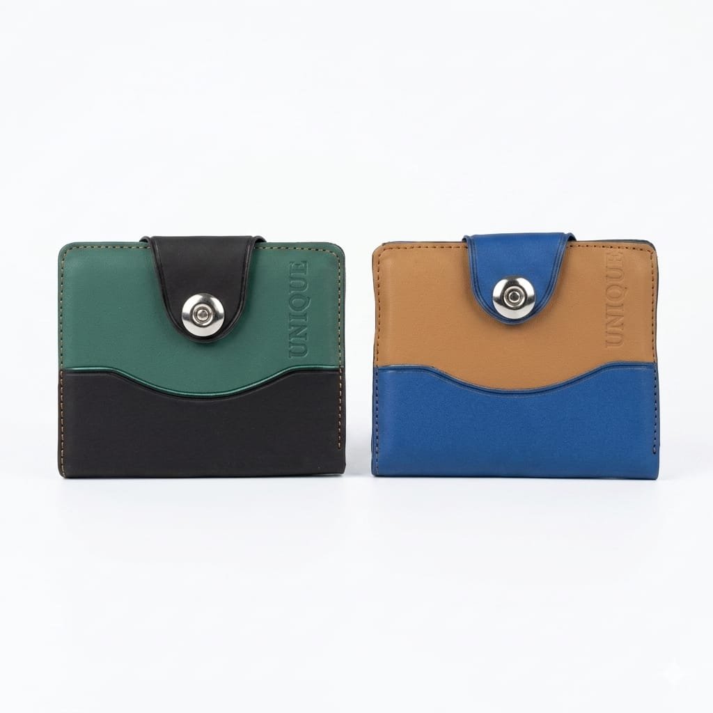 Uncut Tan And Blue & Green and Black Compact Snap Button Wallet