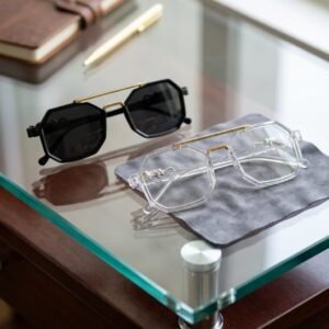 Transparent & black Oversized Square Frame Eyeglasses with Gold Accents