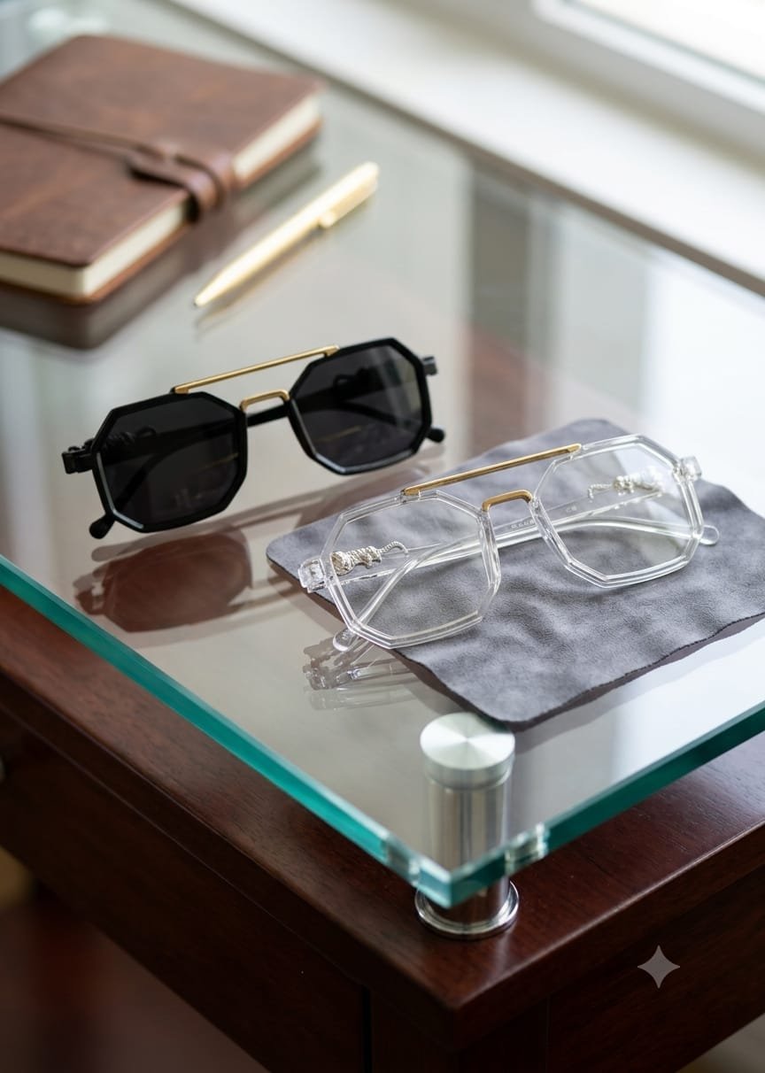 Transparent & black Oversized Square Frame Eyeglasses with Gold Accents