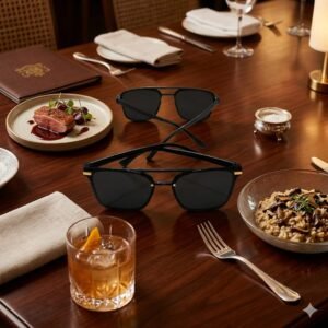 premium-quality black sunglasses set against a stunning backdrop. The design and the surrounding atmosphere create an aura of pure luxury and trendiness.